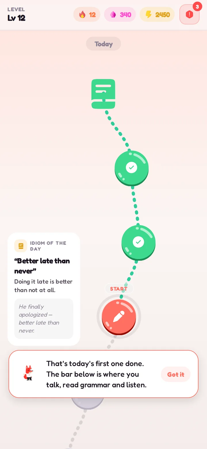 Bingual daily learn path with streak and lessons